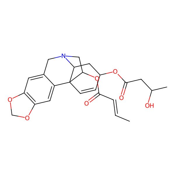 2D Structure of [(1S,13S,15R,18R)-18-[(E)-but-2-enoyl]oxy-5,7-dioxa-12-azapentacyclo[10.5.2.01,13.02,10.04,8]nonadeca-2,4(8),9,16-tetraen-15-yl] (3S)-3-hydroxybutanoate