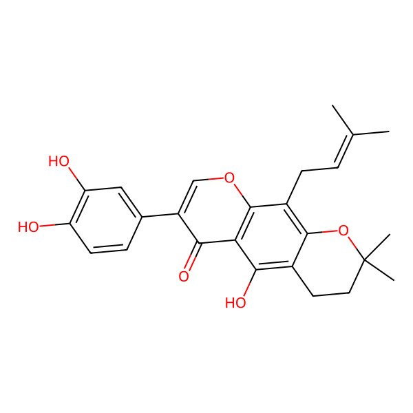 2D Structure of 7-(3,4-Dihydroxyphenyl)-5-hydroxy-2,2-dimethyl-10-(3-methylbut-2-enyl)-3,4-dihydropyrano[3,2-g]chromen-6-one