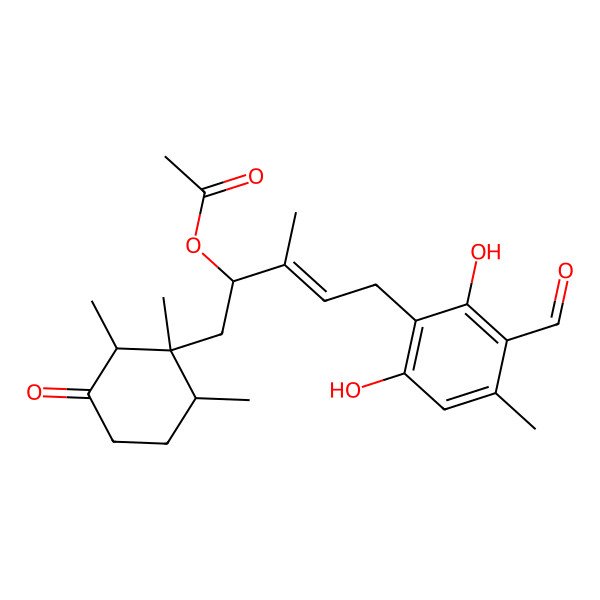 2D Structure of [5-(3-Formyl-2,6-dihydroxy-4-methylphenyl)-3-methyl-1-(1,2,6-trimethyl-3-oxocyclohexyl)pent-3-en-2-yl] acetate