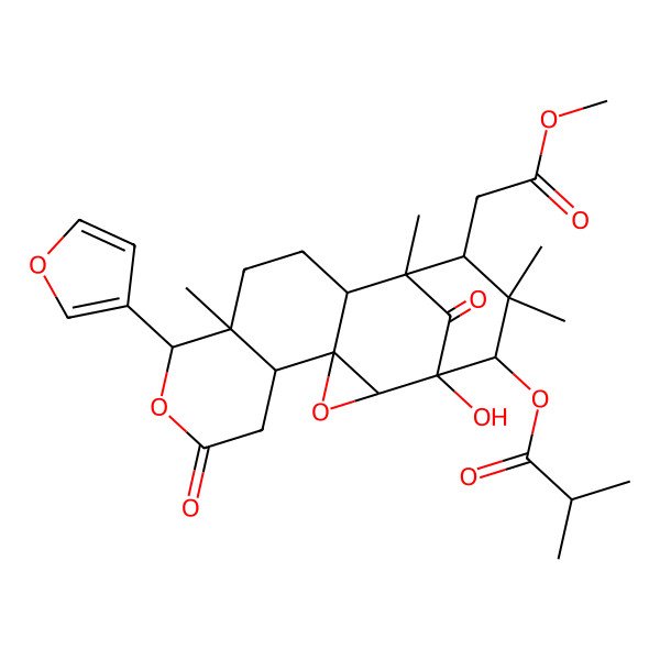 2D Structure of [9-(Furan-3-yl)-1-hydroxy-15-(2-methoxy-2-oxoethyl)-10,14,16,16-tetramethyl-7,18-dioxo-3,8-dioxapentacyclo[12.3.1.02,4.04,13.05,10]octadecan-17-yl] 2-methylpropanoate