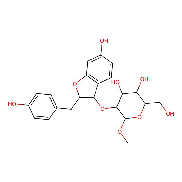 2D Structure of 5-[[6-Hydroxy-2-[(4-hydroxyphenyl)methyl]-2,3-dihydro-1-benzofuran-3-yl]oxy]-2-(hydroxymethyl)-6-methoxyoxane-3,4-diol