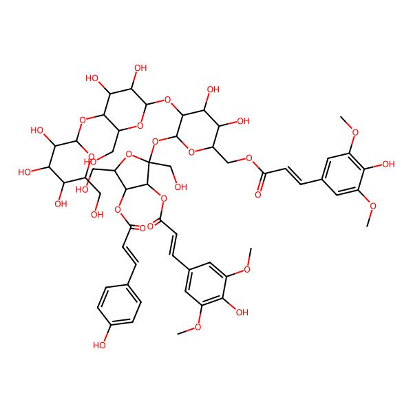2D Structure of [5-[3-[3,4-Dihydroxy-6-(hydroxymethyl)-5-[3,4,5-trihydroxy-6-(hydroxymethyl)oxan-2-yl]oxyoxan-2-yl]oxy-4,5-dihydroxy-6-[3-(4-hydroxy-3,5-dimethoxyphenyl)prop-2-enoyloxymethyl]oxan-2-yl]oxy-4-[3-(4-hydroxy-3,5-dimethoxyphenyl)prop-2-enoyloxy]-2,5-bis(hydroxymethyl)oxolan-3-yl] 3-(4-hydroxyphenyl)prop-2-enoate