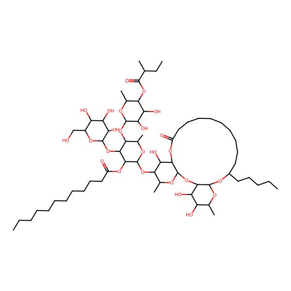 2D Structure of [(2S,3R,4R,5S,6S)-5-[(2S,3R,4S,5R,6S)-3,4-dihydroxy-6-methyl-5-[(2S)-2-methylbutanoyl]oxyoxan-2-yl]oxy-6-methyl-2-[[(1R,3S,5S,6R,7R,8R,20S,22R,24R,25R,26S)-7,25,26-trihydroxy-5,24-dimethyl-10-oxo-20-pentyl-2,4,9,21,23-pentaoxatricyclo[20.4.0.03,8]hexacosan-6-yl]oxy]-4-[(2S,3R,4S,5S,6R)-3,4,5-trihydroxy-6-(hydroxymethyl)oxan-2-yl]oxyoxan-3-yl] dodecanoate