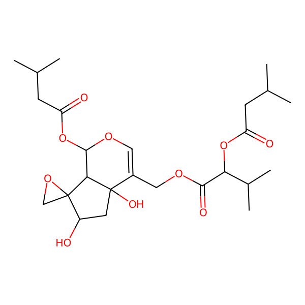 2D Structure of [(1S,4aS,6S,7R,7aS)-4a,6-dihydroxy-1-(3-methylbutanoyloxy)spiro[1,5,6,7a-tetrahydrocyclopenta[c]pyran-7,2'-oxirane]-4-yl]methyl 3-methyl-2-(3-methylbutanoyloxy)butanoate