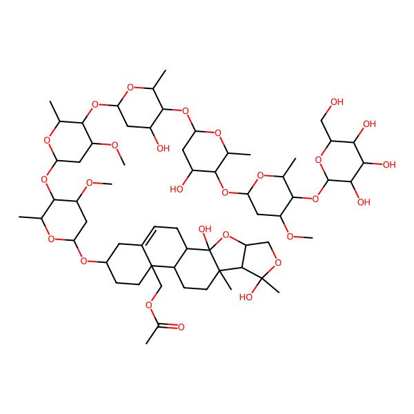 2D Structure of [(1R,2R,4S,7S,8R,9R,12S,13S,16S)-2,7-dihydroxy-16-[(2R,4S,5R,6R)-5-[(2S,4S,5R,6R)-5-[(2S,4R,5S,6R)-4-hydroxy-5-[(2S,4S,5S,6R)-4-hydroxy-5-[(2S,4R,5R,6R)-4-methoxy-6-methyl-5-[(2S,3R,4S,5S,6R)-3,4,5-trihydroxy-6-(hydroxymethyl)oxan-2-yl]oxyoxan-2-yl]oxy-6-methyloxan-2-yl]oxy-6-methyloxan-2-yl]oxy-4-methoxy-6-methyloxan-2-yl]oxy-4-methoxy-6-methyloxan-2-yl]oxy-7,9-dimethyl-3,6-dioxapentacyclo[10.8.0.02,9.04,8.013,18]icos-18-en-13-yl]methyl acetate