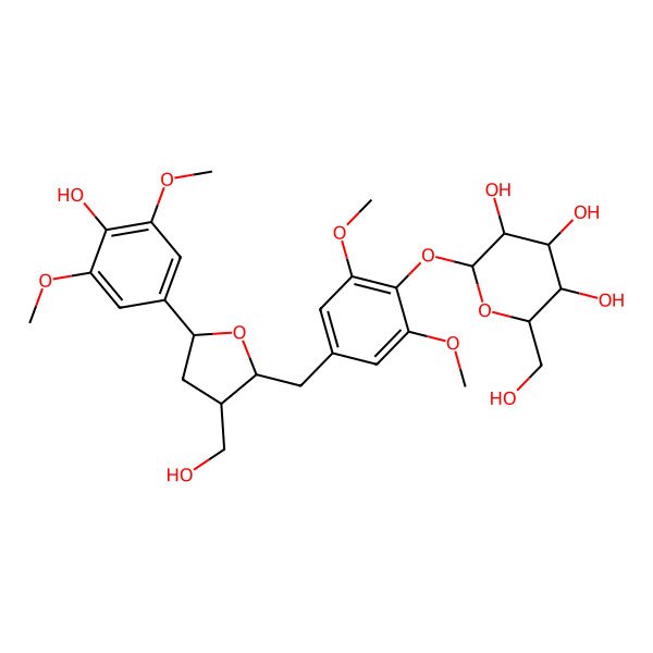 2D Structure of (2S,3R,4S,5S,6R)-2-[4-[[(2R,3S,5S)-5-(4-hydroxy-3,5-dimethoxyphenyl)-3-(hydroxymethyl)oxolan-2-yl]methyl]-2,6-dimethoxyphenoxy]-6-(hydroxymethyl)oxane-3,4,5-triol