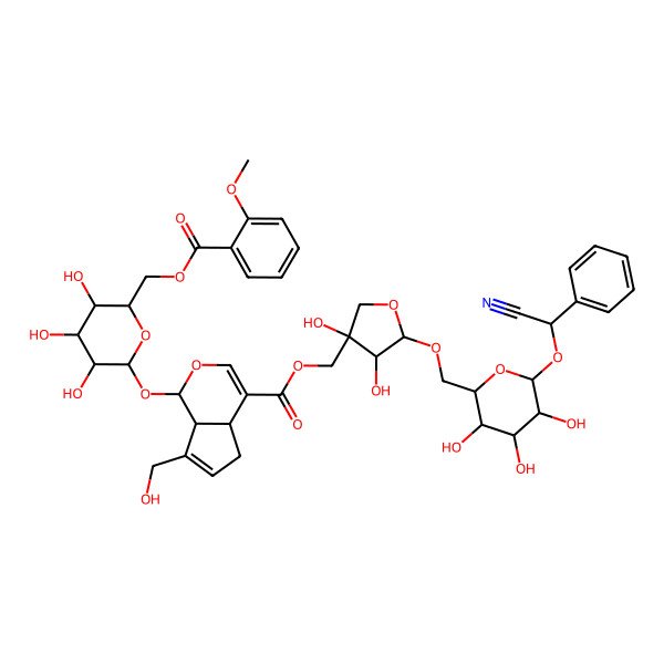 2D Structure of [(3S,4R,5R)-5-[[(2R,3S,4S,5R,6R)-6-[(R)-cyano(phenyl)methoxy]-3,4,5-trihydroxyoxan-2-yl]methoxy]-3,4-dihydroxyoxolan-3-yl]methyl (1R,4aR,7aR)-7-(hydroxymethyl)-1-[(2S,3R,4S,5S,6R)-3,4,5-trihydroxy-6-[(2-methoxybenzoyl)oxymethyl]oxan-2-yl]oxy-1,4a,5,7a-tetrahydrocyclopenta[c]pyran-4-carboxylate