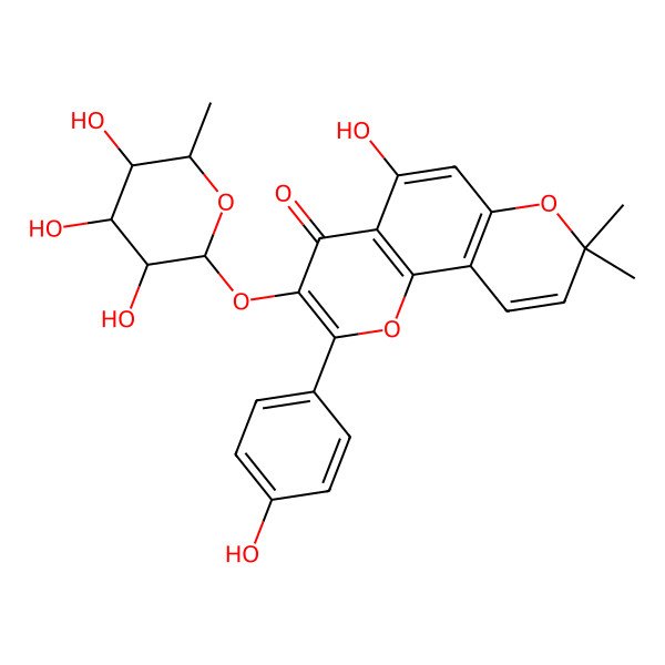2D Structure of 5-Hydroxy-2-(4-hydroxyphenyl)-8,8-dimethyl-3-(3,4,5-trihydroxy-6-methyloxan-2-yl)oxypyrano[2,3-h]chromen-4-one