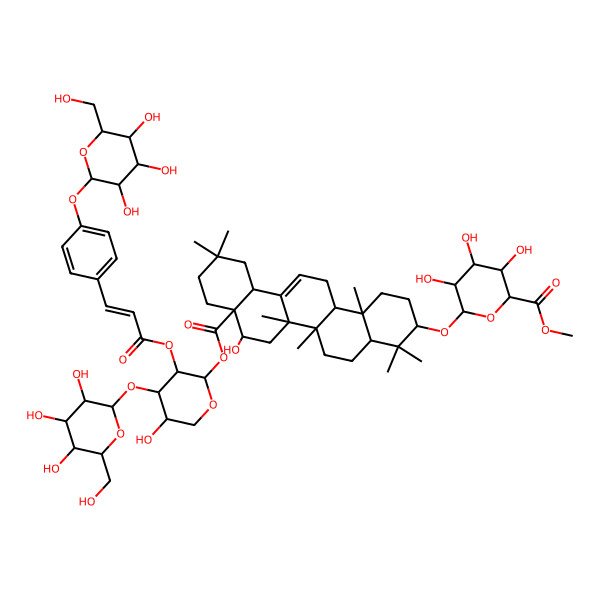 2D Structure of Methyl 3,4,5-trihydroxy-6-[[8-hydroxy-8a-[5-hydroxy-4-[3,4,5-trihydroxy-6-(hydroxymethyl)oxan-2-yl]oxy-3-[3-[4-[3,4,5-trihydroxy-6-(hydroxymethyl)oxan-2-yl]oxyphenyl]prop-2-enoyloxy]oxan-2-yl]oxycarbonyl-4,4,6a,6b,11,11,14b-heptamethyl-1,2,3,4a,5,6,7,8,9,10,12,12a,14,14a-tetradecahydropicen-3-yl]oxy]oxane-2-carboxylate
