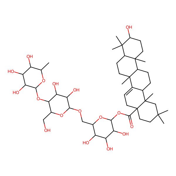 2D Structure of [(2S,3R,4S,5S,6R)-6-[[(2R,3R,4R,5S,6R)-3,4-dihydroxy-6-(hydroxymethyl)-5-[(2S,3R,4R,5R,6S)-3,4,5-trihydroxy-6-methyloxan-2-yl]oxyoxan-2-yl]oxymethyl]-3,4,5-trihydroxyoxan-2-yl] (4aS,6aR,6bR,8aR,10S,12aR,14aR,14bS)-10-hydroxy-2,2,6b,9,9,12a,14b-heptamethyl-1,3,4,5,6a,7,8,8a,10,11,12,13,14,14a-tetradecahydropicene-4a-carboxylate