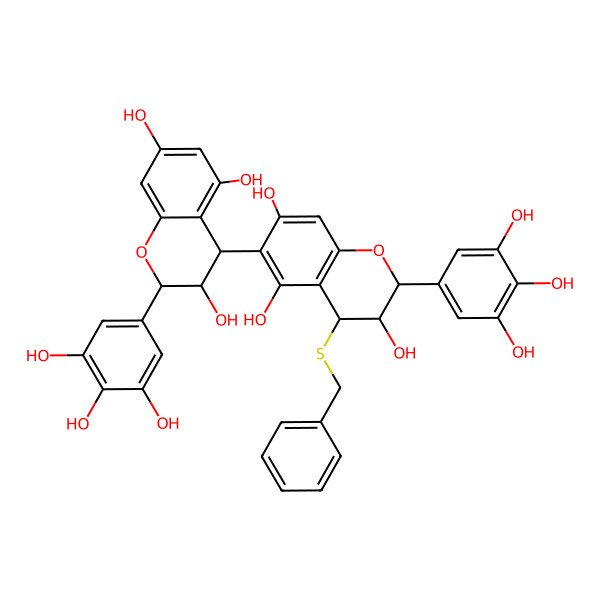 2D Structure of 4-benzylsulfanyl-2-(3,4,5-trihydroxyphenyl)-6-[3,5,7-trihydroxy-2-(3,4,5-trihydroxyphenyl)-3,4-dihydro-2H-chromen-4-yl]-3,4-dihydro-2H-chromene-3,5,7-triol