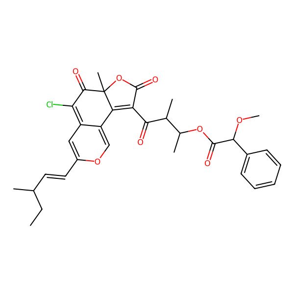 2D Structure of [(2R,3R)-4-[(6aS)-5-chloro-6a-methyl-3-[(E,3S)-3-methylpent-1-enyl]-6,8-dioxofuro[2,3-h]isochromen-9-yl]-3-methyl-4-oxobutan-2-yl] (2S)-2-methoxy-2-phenylacetate