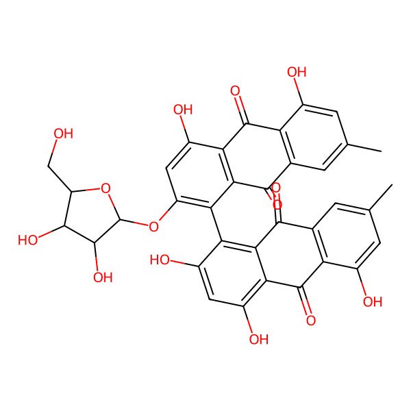 2D Structure of 2-[3,4-Dihydroxy-5-(hydroxymethyl)oxolan-2-yl]oxy-4,5-dihydroxy-7-methyl-1-(2,4,5-trihydroxy-7-methyl-9,10-dioxoanthracen-1-yl)anthracene-9,10-dione