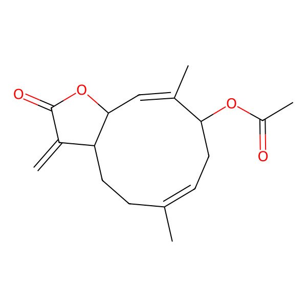 2D Structure of [(3aS,6E,9S,10Z,11aS)-6,10-dimethyl-3-methylidene-2-oxo-3a,4,5,8,9,11a-hexahydrocyclodeca[b]furan-9-yl] acetate