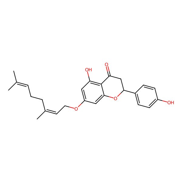 2D Structure of 4H-1-benzopyran-4-one, 7-[[(2E)-3,7-dimethyl-2,6-octadienyl]oxy]-2,3-dihydro-5-hydroxy-2-(4-hydroxyphenyl)-, (2S)-