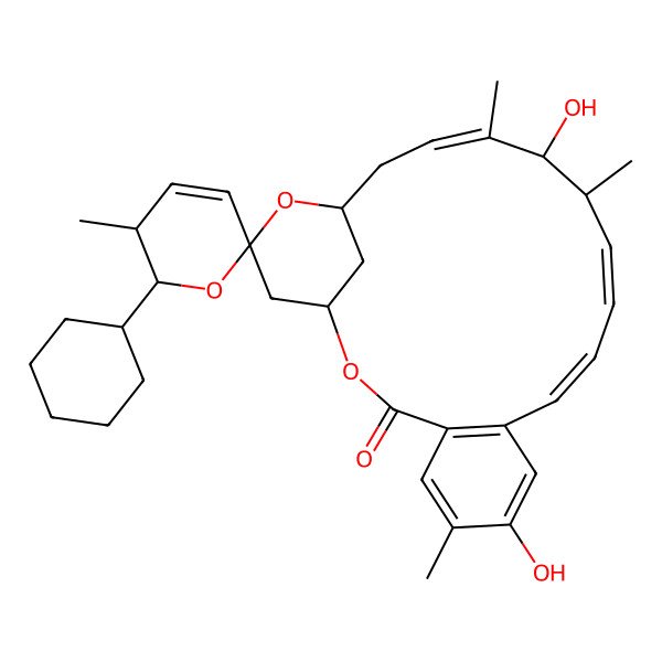 2D Structure of 2'-Cyclohexyl-7,15-dihydroxy-3',6,14,16-tetramethylspiro[2,20-dioxatricyclo[17.3.1.04,9]tricosa-4(9),5,7,10,12,16-hexaene-21,6'-2,3-dihydropyran]-3-one
