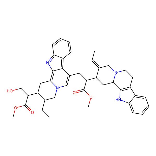2D Structure of methyl (2S)-2-[(2R,3E,12bS)-3-ethylidene-2,4,6,7,12,12b-hexahydro-1H-indolo[2,3-a]quinolizin-2-yl]-3-[(2S,3R)-3-ethyl-2-[(2R)-3-hydroxy-1-methoxy-1-oxopropan-2-yl]-1,2,3,4-tetrahydroindolo[2,3-a]quinolizin-7-yl]propanoate