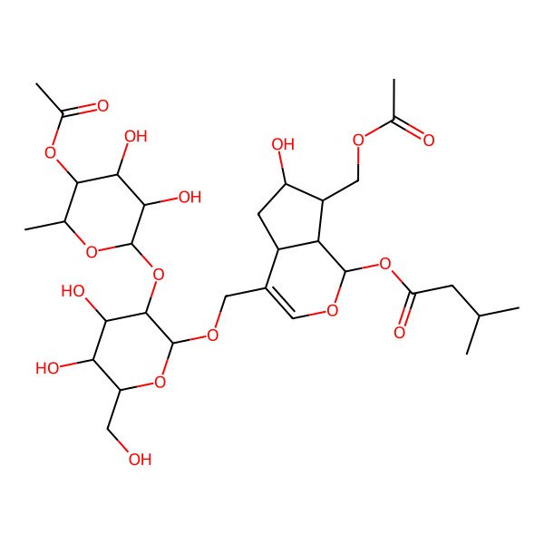 2D Structure of [4-[[3-(5-Acetyloxy-3,4-dihydroxy-6-methyloxan-2-yl)oxy-4,5-dihydroxy-6-(hydroxymethyl)oxan-2-yl]oxymethyl]-7-(acetyloxymethyl)-6-hydroxy-1,4a,5,6,7,7a-hexahydrocyclopenta[c]pyran-1-yl] 3-methylbutanoate