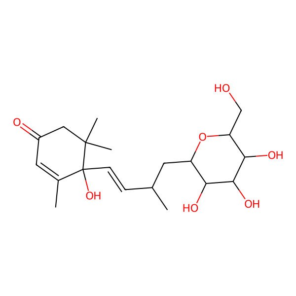 2D Structure of (4S)-4-hydroxy-3,5,5-trimethyl-4-[(E,3S)-3-methyl-4-[(2S,3R,4R,5S,6R)-3,4,5-trihydroxy-6-(hydroxymethyl)oxan-2-yl]but-1-enyl]cyclohex-2-en-1-one