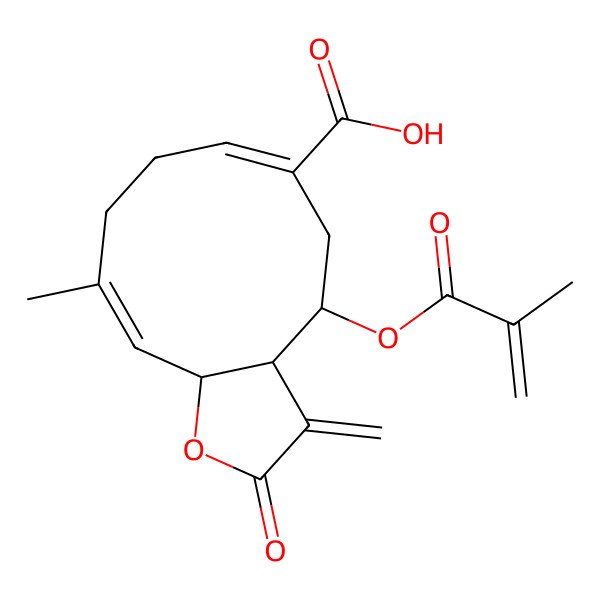 2D Structure of (3aR,4S,6Z,10E,11aR)-10-methyl-3-methylidene-4-(2-methylprop-2-enoyloxy)-2-oxo-3a,4,5,8,9,11a-hexahydrocyclodeca[b]furan-6-carboxylic acid
