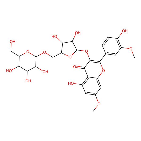 2D Structure of 3-[3,4-Dihydroxy-5-[[3,4,5-trihydroxy-6-(hydroxymethyl)oxan-2-yl]oxymethyl]oxolan-2-yl]oxy-5-hydroxy-2-(4-hydroxy-3-methoxyphenyl)-7-methoxychromen-4-one