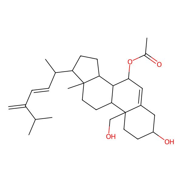 2D Structure of [3-hydroxy-10-(hydroxymethyl)-13-methyl-17-(6-methyl-5-methylidenehept-3-en-2-yl)-2,3,4,7,8,9,11,12,14,15,16,17-dodecahydro-1H-cyclopenta[a]phenanthren-7-yl] acetate