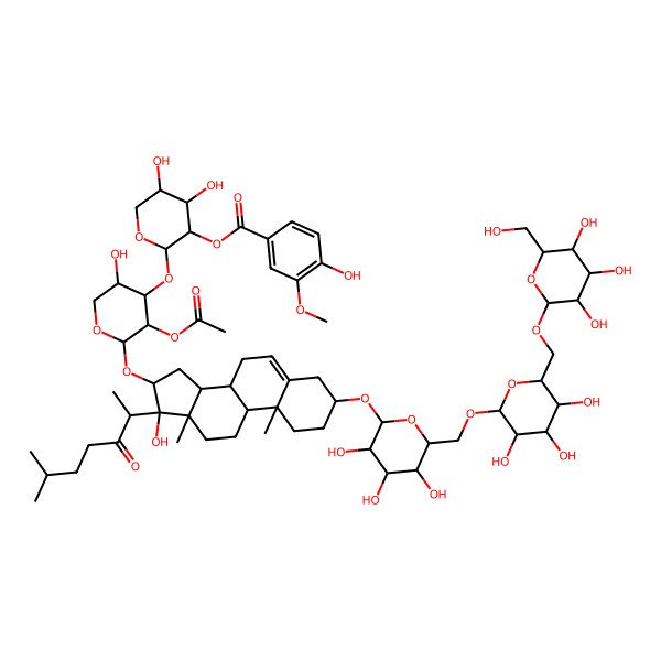 2D Structure of [(2S,3R,4S,5R)-2-[(2S,3R,4S,5S)-3-acetyloxy-5-hydroxy-2-[[(3S,8R,9S,10R,13S,14S,16S,17S)-17-hydroxy-10,13-dimethyl-17-[(2S)-6-methyl-3-oxoheptan-2-yl]-3-[(2R,3R,4S,5S,6R)-3,4,5-trihydroxy-6-[[(2R,3R,4S,5S,6R)-3,4,5-trihydroxy-6-[[(2R,3R,4S,5S,6R)-3,4,5-trihydroxy-6-(hydroxymethyl)oxan-2-yl]oxymethyl]oxan-2-yl]oxymethyl]oxan-2-yl]oxy-1,2,3,4,7,8,9,11,12,14,15,16-dodecahydrocyclopenta[a]phenanthren-16-yl]oxy]oxan-4-yl]oxy-4,5-dihydroxyoxan-3-yl] 4-hydroxy-3-methoxybenzoate