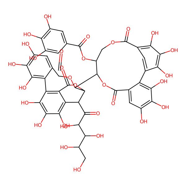 2D Structure of [(10R,11S)-10-[(14R,15R,19R)-2,3,4,7,8,9-hexahydroxy-12,17-dioxo-19-[(2R,3S,4S)-2,3,4,5-tetrahydroxypentanoyl]-13,16-dioxatetracyclo[13.3.1.05,18.06,11]nonadeca-1,3,5(18),6,8,10-hexaen-14-yl]-3,4,5,16,17,18-hexahydroxy-8,14-dioxo-9,13-dioxatricyclo[13.3.1.02,7]nonadeca-1(19),2,4,6,15,17-hexaen-11-yl] 3,4,5-trihydroxybenzoate