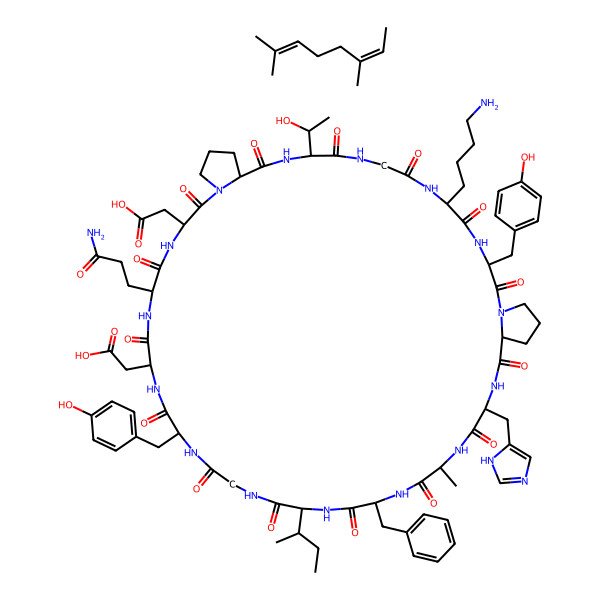 2D Structure of 2-[(3S,6S,12S,15S,21S,24S,27S,30S,36S,39S,42S,45S,48S)-6-(4-aminobutyl)-24-(3-amino-3-oxopropyl)-39-benzyl-36-[(2S)-butan-2-yl]-21-(carboxymethyl)-12-[(1R)-1-hydroxyethyl]-3,30-bis[(4-hydroxyphenyl)methyl]-45-(1H-imidazol-5-ylmethyl)-42-methyl-2,5,8,11,14,20,23,26,29,32,35,38,41,44,47-pentadecaoxo-1,4,7,10,13,19,22,25,28,31,34,37,40,43,46-pentadecazatricyclo[46.3.0.015,19]henpentacontan-27-yl]acetic acid;(6E)-2,6-dimethylocta-2,6-diene