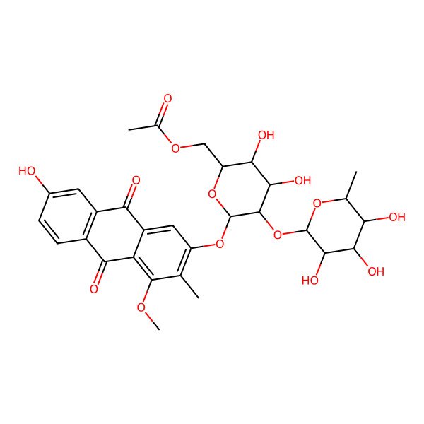 2D Structure of [(2R,3S,4S,5R,6S)-3,4-dihydroxy-6-(7-hydroxy-4-methoxy-3-methyl-9,10-dioxoanthracen-2-yl)oxy-5-[(2S,3R,4R,5R,6S)-3,4,5-trihydroxy-6-methyloxan-2-yl]oxyoxan-2-yl]methyl acetate