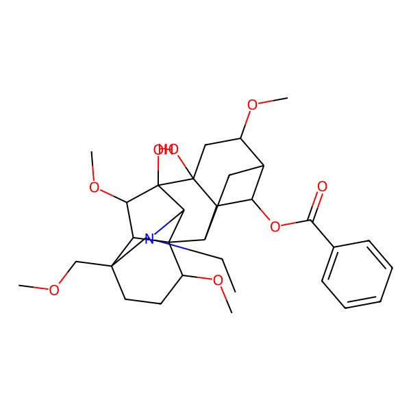 2D Structure of [(1S,2R,3R,4S,5R,6S,8R,9S,10S,13S,16R,17R,18S)-11-ethyl-8,9-dihydroxy-6,16,18-trimethoxy-13-(methoxymethyl)-11-azahexacyclo[7.7.2.12,5.01,10.03,8.013,17]nonadecan-4-yl] benzoate