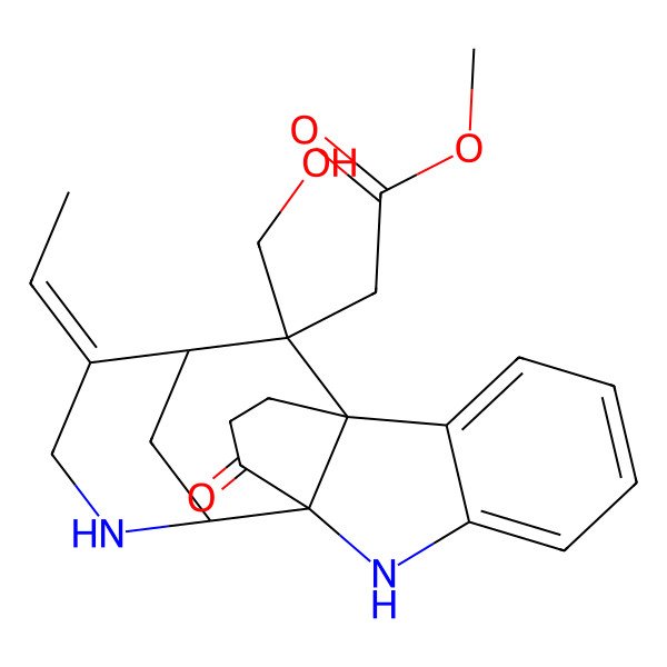 2D Structure of methyl 2-[(1S,9S,10R,13E,14S,15S)-13-ethylidene-15-(hydroxymethyl)-18-oxo-8,11-diazapentacyclo[7.6.3.110,14.01,9.02,7]nonadeca-2,4,6-trien-15-yl]acetate