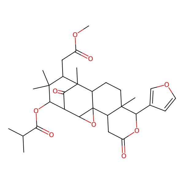 2D Structure of [(1S,2R,4S,5R,9R,10R,13R,14S,15S,17R)-9-(furan-3-yl)-15-(2-methoxy-2-oxoethyl)-10,14,16,16-tetramethyl-7,18-dioxo-3,8-dioxapentacyclo[12.3.1.02,4.04,13.05,10]octadecan-17-yl] 2-methylpropanoate