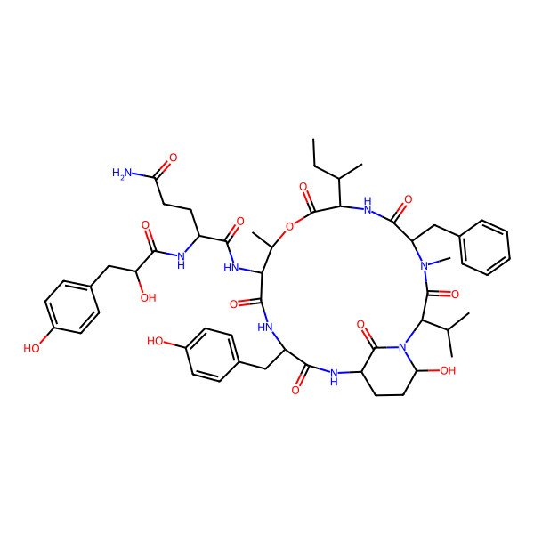 2D Structure of (2S)-N-[(2S,5R,8S,11R,12S,15S,18S,21R)-5-benzyl-8-[(2S)-butan-2-yl]-21-hydroxy-15-[(4-hydroxyphenyl)methyl]-4,11-dimethyl-3,6,9,13,16,22-hexaoxo-2-propan-2-yl-10-oxa-1,4,7,14,17-pentazabicyclo[16.3.1]docosan-12-yl]-2-[[(2R)-2-hydroxy-3-(4-hydroxyphenyl)propanoyl]amino]pentanediamide