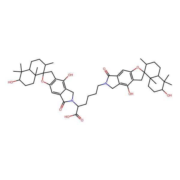2D Structure of (2R)-2-[(3R,4aS,7S,8S,8aS)-3,4'-dihydroxy-4,4,7,8a-tetramethyl-7'-oxospiro[2,3,4a,5,6,7-hexahydro-1H-naphthalene-8,2'-3,5-dihydrofuro[2,3-f]isoindole]-6'-yl]-6-[(3S,4aS,7S,8S,8aS)-3,4'-dihydroxy-4,4,7,8a-tetramethyl-7'-oxospiro[2,3,4a,5,6,7-hexahydro-1H-naphthalene-8,2'-3,5-dihydrofuro[2,3-f]isoindole]-6'-yl]hexanoic acid