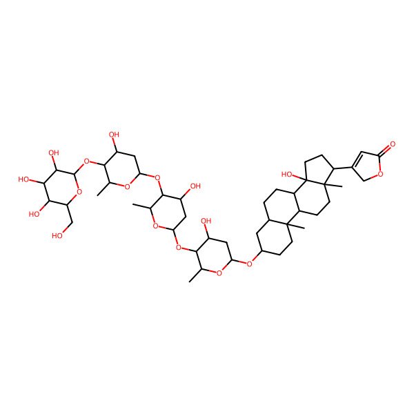 2D Structure of Card-20(22)-enolide, 3-[(O-beta-D-glucopyranosyl-(1-->4)-O-2,6-dideoxy-beta-D-ribo-hexopyranosyl-(1-->4)-O-2,6-dideoxy-beta-D-ribo-hexopyranosyl-(1-->4)-2,6-dideoxy-beta-D-ribo-hexopyranosyl)oxy]-14-hydroxy-, (3beta,5beta)-