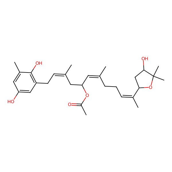 2D Structure of [(2E,5S,6E,10E)-1-(2,5-dihydroxy-3-methylphenyl)-11-[(2S,4S)-4-hydroxy-5,5-dimethyloxolan-2-yl]-3,7-dimethyldodeca-2,6,10-trien-5-yl] acetate