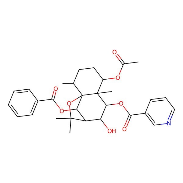 2D Structure of [(1R,2R,5S,6R,7R,8S,9S,12R)-5-acetyloxy-12-benzoyloxy-8-hydroxy-2,6,10,10-tetramethyl-11-oxatricyclo[7.2.1.01,6]dodecan-7-yl] pyridine-3-carboxylate