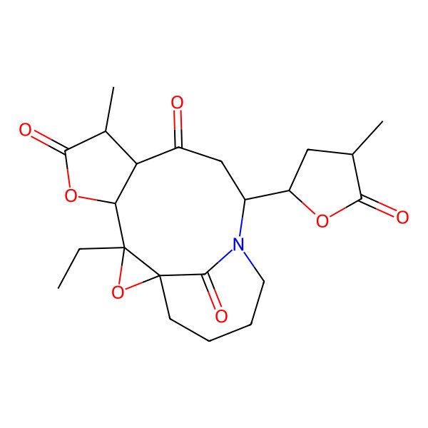 2D Structure of 3-Ethyl-7-methyl-11-(4-methyl-5-oxooxolan-2-yl)-2,5-dioxa-12-azatetracyclo[10.4.1.01,3.04,8]heptadecane-6,9,17-trione