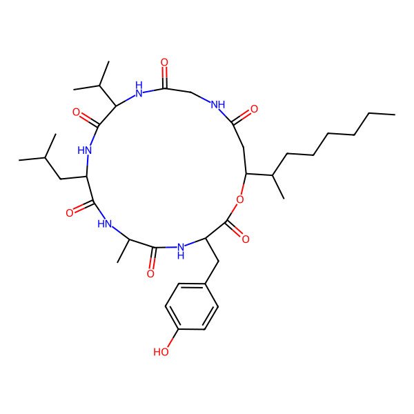 2D Structure of cyclo[DL-Ala-DL-Tyr-ObAla(3-oct-2-yl)-Gly-DL-Val-DL-Leu]