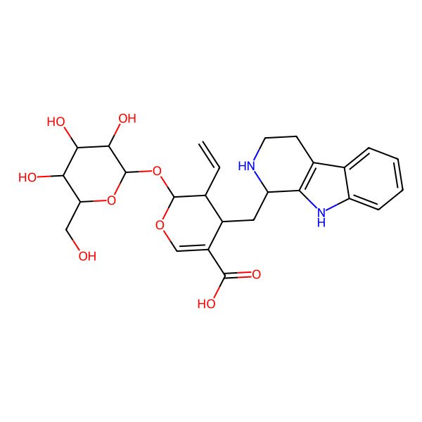 2D Structure of (2S)-3-ethenyl-4-[[(1S)-2,3,4,9-tetrahydro-1H-pyrido[3,4-b]indol-1-yl]methyl]-2-[(2S,3R,4S,5S,6R)-3,4,5-trihydroxy-6-(hydroxymethyl)oxan-2-yl]oxy-3,4-dihydro-2H-pyran-5-carboxylic acid