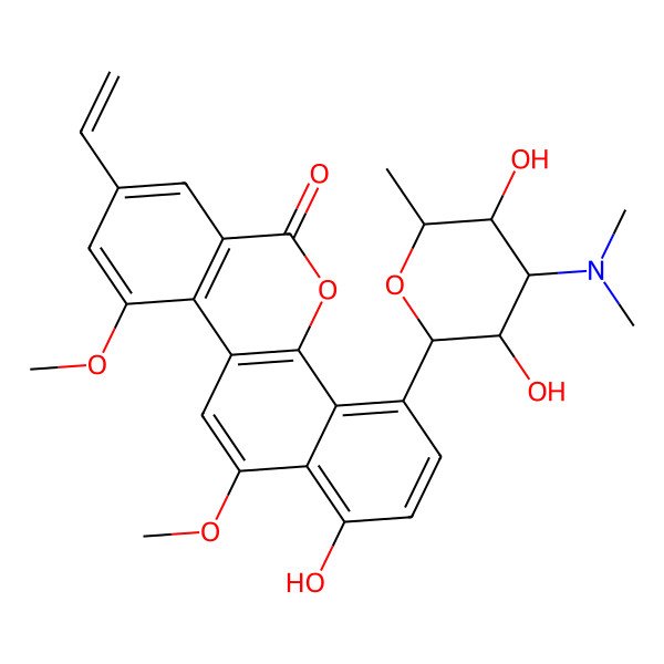 2D Structure of 4-[(2R,3S,4R,5S,6S)-4-(dimethylamino)-3,5-dihydroxy-6-methyloxan-2-yl]-8-ethenyl-1-hydroxy-10,12-dimethoxynaphtho[1,2-c]isochromen-6-one