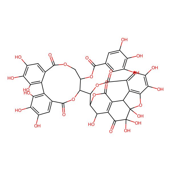 2D Structure of [10-(3,3,4,8,9,19-Hexahydroxy-2,12,17-trioxo-13,16,20-trioxapentacyclo[13.3.1.14,7.05,18.06,11]icosa-1(18),6,8,10-tetraen-14-yl)-3,4,5,17,18,19-hexahydroxy-8,14-dioxo-9,13-dioxatricyclo[13.4.0.02,7]nonadeca-1(19),2,4,6,15,17-hexaen-11-yl] 3,4,5-trihydroxybenzoate