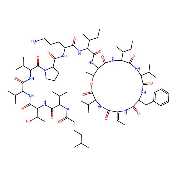 2D Structure of deamino-hLeu-D-Val-Thr-Val-D-Val-D-Pro-Orn-D-Ile-D-Thr(1)-D-Ile-D-Val-Phe-Abu(2,3-dehydro)-Val-(1)