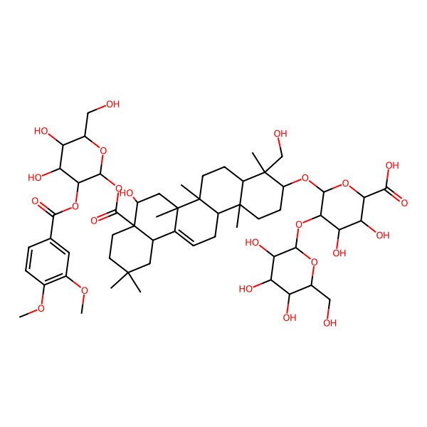 2D Structure of (2S,3S,4S,5R,6R)-6-[[(3S,4R,4aR,6aR,6bS,8R,8aR,12aS,14aR,14bR)-8a-[(2S,3R,4S,5R,6R)-3-(3,4-dimethoxybenzoyl)oxy-4,5-dihydroxy-6-(hydroxymethyl)oxan-2-yl]oxycarbonyl-8-hydroxy-4-(hydroxymethyl)-4,6a,6b,11,11,14b-hexamethyl-1,2,3,4a,5,6,7,8,9,10,12,12a,14,14a-tetradecahydropicen-3-yl]oxy]-3,4-dihydroxy-5-[(2S,3R,4S,5R,6R)-3,4,5-trihydroxy-6-(hydroxymethyl)oxan-2-yl]oxyoxane-2-carboxylic acid