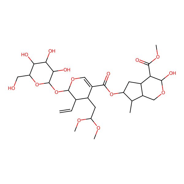 2D Structure of methyl (3S,4R,4aR,6S,7R,7aR)-6-[(2S,3S,4S)-4-(2,2-dimethoxyethyl)-3-ethenyl-2-[(2S,3R,4S,5R,6R)-3,4,5-trihydroxy-6-(hydroxymethyl)oxan-2-yl]oxy-3,4-dihydro-2H-pyran-5-carbonyl]oxy-3-hydroxy-7-methyl-1,3,4,4a,5,6,7,7a-octahydrocyclopenta[c]pyran-4-carboxylate