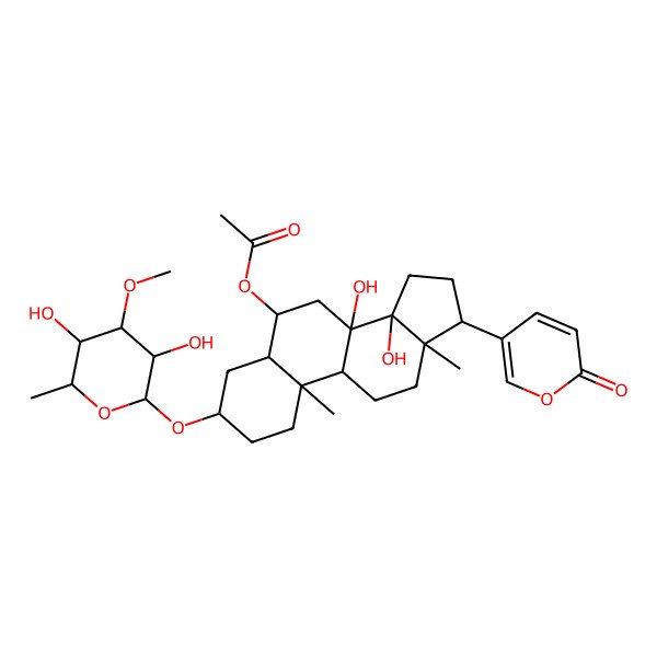 2D Structure of [3-(3,5-dihydroxy-4-methoxy-6-methyloxan-2-yl)oxy-8,14-dihydroxy-10,13-dimethyl-17-(6-oxopyran-3-yl)-2,3,4,5,6,7,9,11,12,15,16,17-dodecahydro-1H-cyclopenta[a]phenanthren-6-yl] acetate