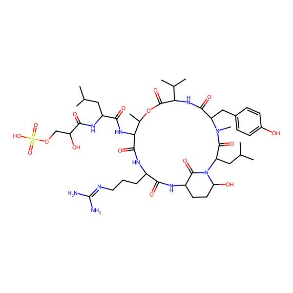 2D Structure of [(2R)-3-[[(2R)-1-[[(2S,5S,8S,11R,12S,15S,18S,21R)-15-[3-(diaminomethylideneamino)propyl]-21-hydroxy-5-[(4-hydroxyphenyl)methyl]-4,11-dimethyl-2-(2-methylpropyl)-3,6,9,13,16,22-hexaoxo-8-propan-2-yl-10-oxa-1,4,7,14,17-pentazabicyclo[16.3.1]docosan-12-yl]amino]-4-methyl-1-oxopentan-2-yl]amino]-2-hydroxy-3-oxopropyl] hydrogen sulfate