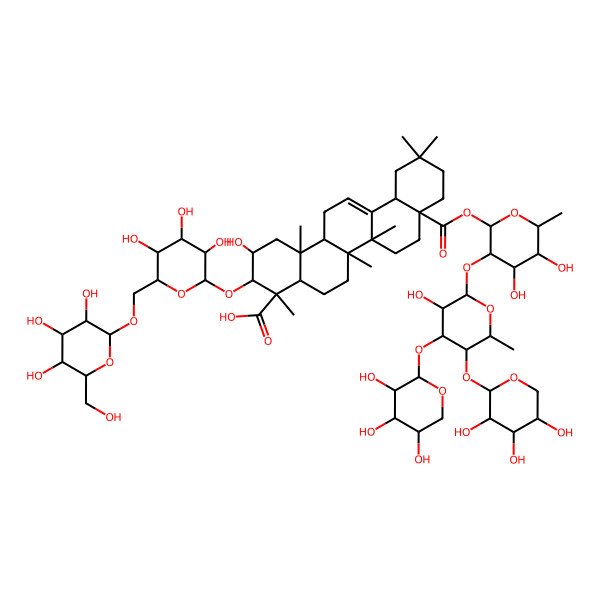 2D Structure of 8a-[4,5-Dihydroxy-3-[3-hydroxy-6-methyl-4,5-bis[(3,4,5-trihydroxyoxan-2-yl)oxy]oxan-2-yl]oxy-6-methyloxan-2-yl]oxycarbonyl-2-hydroxy-4,6a,6b,11,11,14b-hexamethyl-3-[3,4,5-trihydroxy-6-[[3,4,5-trihydroxy-6-(hydroxymethyl)oxan-2-yl]oxymethyl]oxan-2-yl]oxy-1,2,3,4a,5,6,7,8,9,10,12,12a,14,14a-tetradecahydropicene-4-carboxylic acid