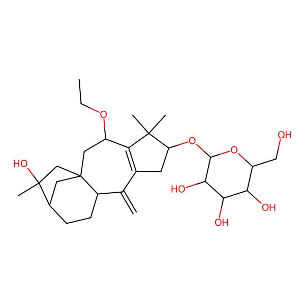 2D Structure of (2R,3R,4S,5S,6R)-2-[[(1R,3R,6S,10R,13R,14R)-3-ethoxy-14-hydroxy-5,5,14-trimethyl-9-methylidene-6-tetracyclo[11.2.1.01,10.04,8]hexadec-4(8)-enyl]oxy]-6-(hydroxymethyl)oxane-3,4,5-triol